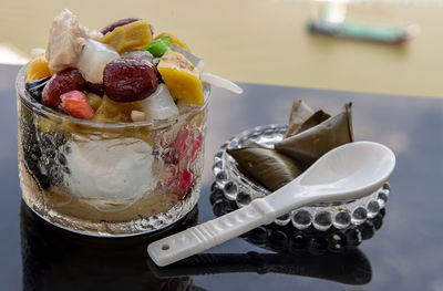 Close-up of dessert on table