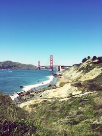 Suspension bridge against clear blue sky