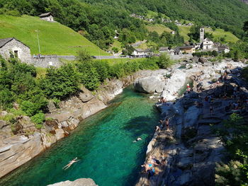 High angle view of people on riverbank