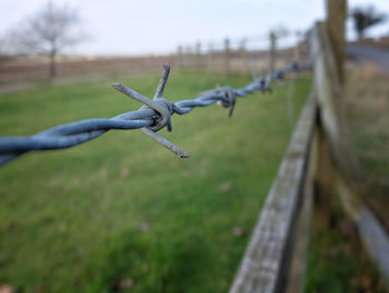 Close-up of barbed wire against sky