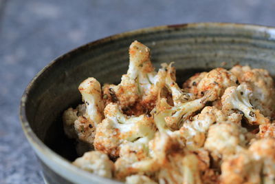 High angle view of meat in bowl on table