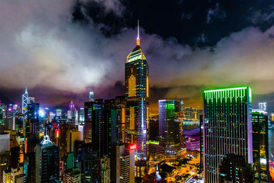 Illuminated buildings in city at night