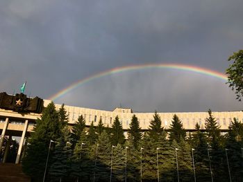 Low angle view of rainbow over trees against sky