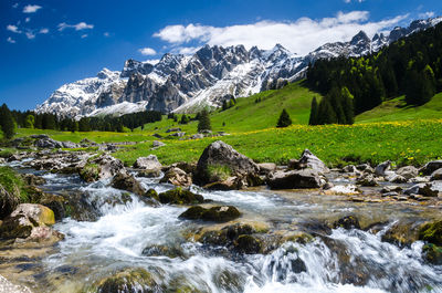 Scenic view of stream by rocks against sky