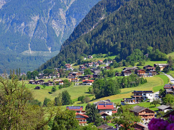 High angle view of buildings and trees in village