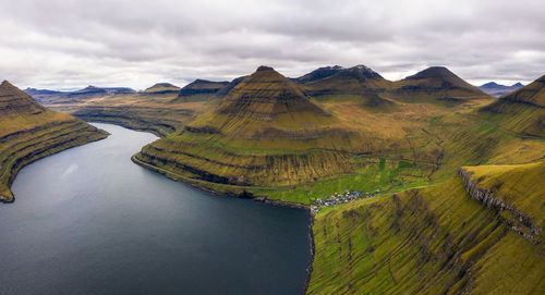 Scenic view of river amidst mountains against sky