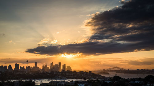 View of cityscape against cloudy sky during sunset