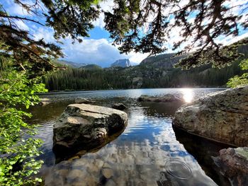 Scenic view of lake by rocks against sky