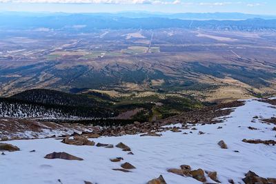 Aerial view of snowcapped mountains against sky