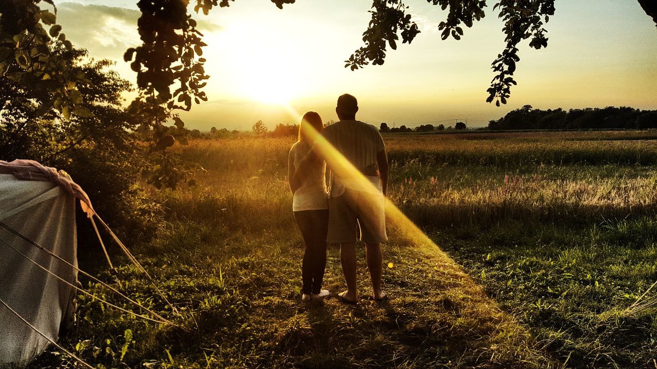 plant, tree, sky, land, rear view, field, men, lifestyles, nature, leisure activity, sunset, real people, two people, people, landscape, togetherness, standing, beauty in nature, environment, casual clothing, outdoors, lens flare