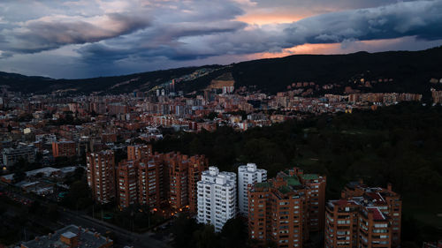 High angle view of townscape against sky during sunset