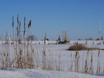 Scenic view of sea against clear sky during winter