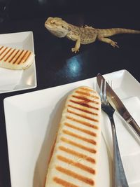 High angle view of dessert in plate on table
