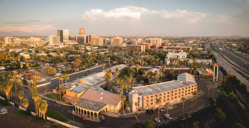 Tucson, arizona, usa, september 20, 2021. hotel tucson with skyline in distance, aerial.