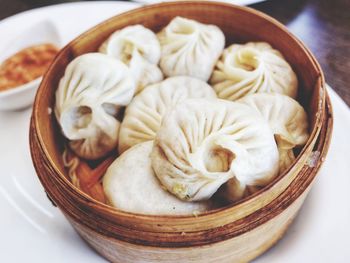 High angle view of dumpling in bowl on table