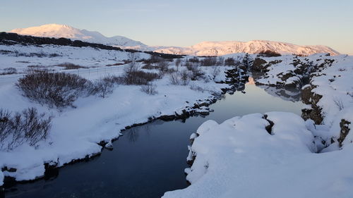 Scenic view of snow covered mountains