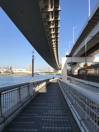 Bridge over river by buildings against clear sky