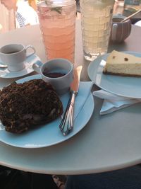 High angle view of breakfast served on table