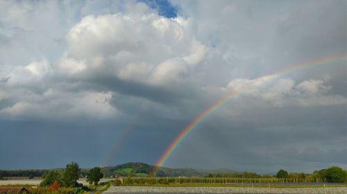 Scenic view of rainbow over field against sky