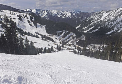 Snow covered landscape against mountain range