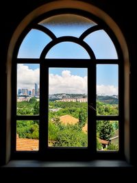 Trees and buildings seen through window