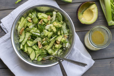 High angle view of salad in bowl on table