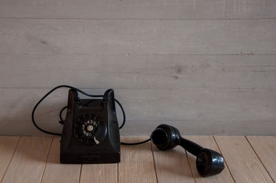 High angle view of telephone on table