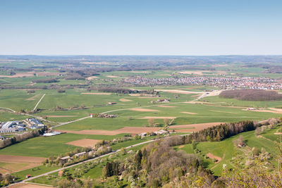 Scenic view of agricultural field against clear sky