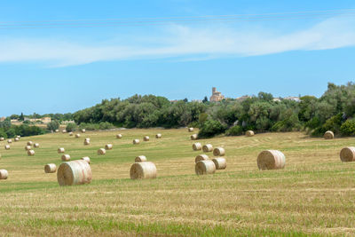 Hay bales on field against sky