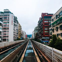 High angle view of railroad tracks amidst buildings in city