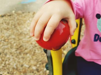 Close-up of girl holding red leaf