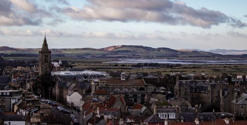 High angle view of townscape against sky in city