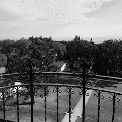 Gate and trees against sky