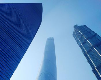 Low angle view of skyscrapers against clear blue sky