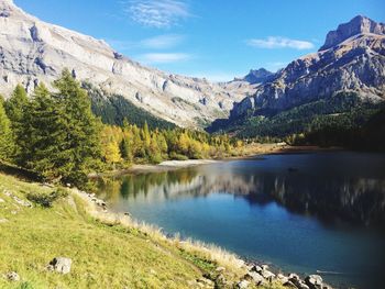 Scenic view of lake and mountains against sky