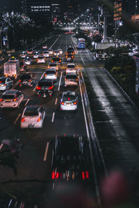 High angle view of traffic on road at night