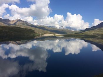 Scenic view of lake and mountains against sky