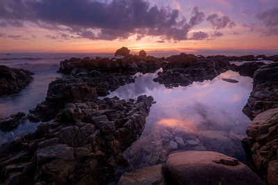 Panoramic view of rocks against sky during sunset