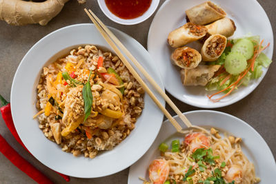 High angle view of meal served on table