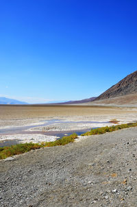 Scenic view of beach against blue sky