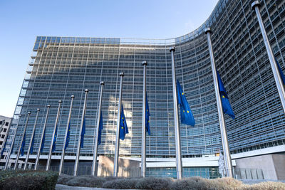 Low angle view of modern building against clear blue sky