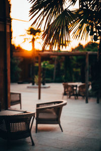 Empty chairs and tables at beach