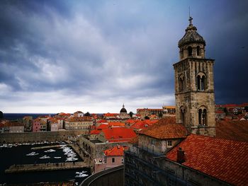 High angle view of church against cloudy sky