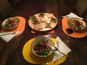 High angle view of meal served on table