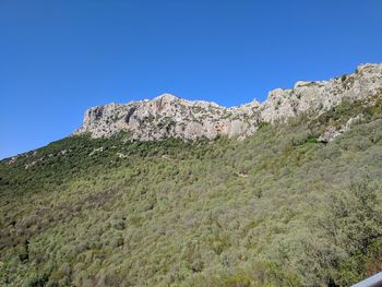 Low angle view of mountain against clear blue sky