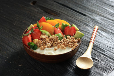 High angle view of food in bowl on table