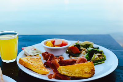 High angle view of breakfast served on table