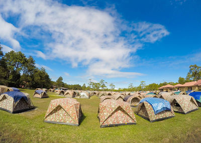 Panoramic shot of grass on field against sky