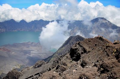 Panoramic view of volcanic mountain range against sky