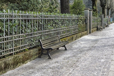 Empty benches against trees